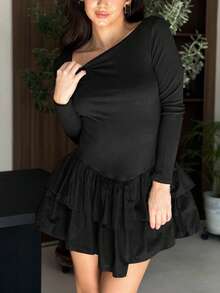 女士秋季新款双层下摆长袖短裙 - 黑色 - 查看 5