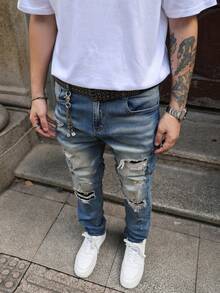 Men's Blue Washed Distressed Skinny Fit Ripped Jeans, Streetwear Fashion Versatile Denim Pants, All Season - Blue - View 9