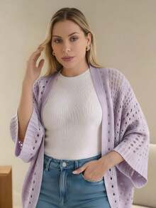 Set Of 2 Women's Cardigan Blouses, Knitted Cape, Openwork Knit, Autumn - 淡紫色/黑色 - 查看 2