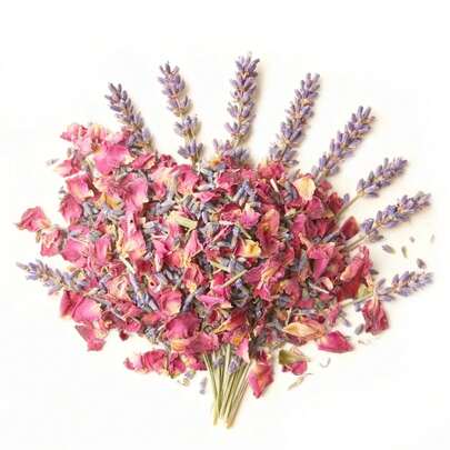 Una mezcla de 30/300g de pétalos de rosa y lavanda de alta calidad natural, adecuada para hacer flores secas, jabón, manualidades DIY, velas aromáticas, combinación de flores secas, festivales interiores y exteriores, bodas, decoración de suministros para fiestas, esparcimiento de flores hechas a mano, tubos de flores de papel de colores