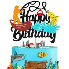 DGone Fishing Cake Topper Happy Birthday Sign Fish Cake Decorations For Man Boy Fisherman Fishing Themed Birthday Party Plies Black Fish Glitter Decor - As Pic - View 1