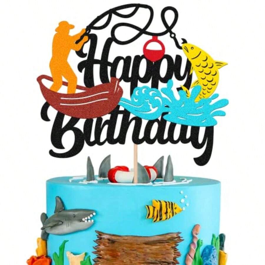 DGone Fishing Cake Topper Happy Birthday Sign Fish Cake Decorations For Man Boy Fisherman Fishing Themed Birthday Party Plies Black Fish Glitter Decor - As Pic - View 1