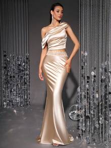 女士无袖不对称肩部褶皱设计上衣，修身蕾丝拼接针织面料上衣和半裙两件套，优雅露背派对/毕业典礼/舞会礼服 - 杏色 - 查看 5