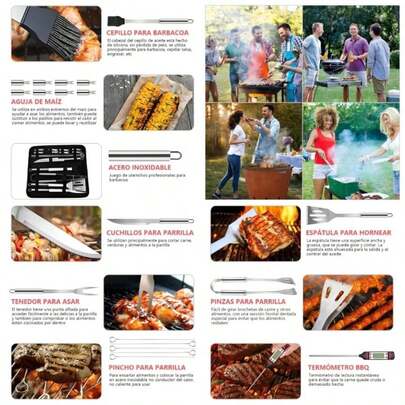 Utensilios para Barbacoa, BBQ Tools Set, Juego de parrillas de acero inoxidable de 19 piezas, herramientas de barbacoa muy adecuado para acampar al aire libre, picnic, barbacoa y otras actividades.