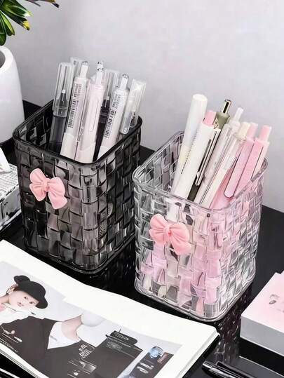 Transparent Desktop Organizer Box With Decorative Pink Bowknot, Pen Holder & Storage Case, Ideal For Back-To-School Supplies, Office, Dormitory, Makeup, Skincare & Desk Essentials,Skincare And Office Essentials,Gifts For Women,Gift Ideas For Women,Christmas Decorations Home,Personalised Gifts,The Best Christmas Gifts For Women/Men,Room Decor,Travel Essential