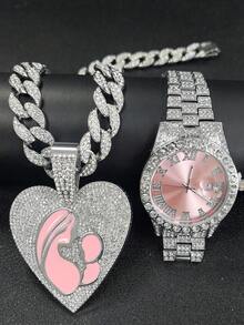 European And American Hip-Hop Style Jewelry Set For Men, Including Pink Sexy Tongue Lips Pendant, Butterfly Pendant, Heart Wing Pendant Paired With Pink Watch, Ideal Gift For Festivals And Parties - Pink - View 17