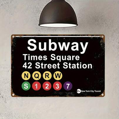 1pc Vintage New York Subway Times Square 42nd Street Station Metal Sign - New York City Logo, Pre-Drilled Holes, Easy To Install, Perfect For Living Room, Bar, Cafe, Garage, Garage Sign| Vintage Wall Art| Durable Metal Sign, Metal Wall Painting Decoration