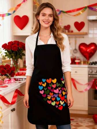 1pc - Unisex Valentine's Day Gift - Colorful Heart Print - Kitchen Apron - Durable Polyester Material - Adjustable Cooking Apron With Pocket - For Men & Women