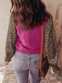 Acelitt Women's Autumn Floral Print Puff Sleeve Patchwork Knit Crew Neck Sweater, Dark Green - Hot Pink - View 2