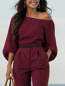 Women's Elegant Burgundy 2 Pieces Set: Asymmetrical Top Paired With Suit Pants, Suitable For Daily Wear, Office, And Halloween In Autumn