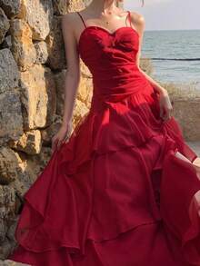 Spring/Summer Elegant Red Spaghetti Strap Dress French Chic Asymmetrical Ruffles Waist Slimming A-Line Dresses Suitable For Valentine's Day, Party & Wedding Guest - Red - View 1