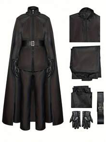 暗黑哥特式黑色斗篷服装套装，男士中世纪风格角色扮演服装，适合万圣节、化装舞会、角色扮演游戏、动漫展、化装舞会、新年派对等场合，暗黑美学风格服装 - 黑色 - 查看 6