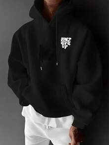 男士休闲时尚“永不放弃”标语印花袋鼠口袋抽绳连帽衫，保暖内衬，秋冬款 - 黑色 - 查看 2