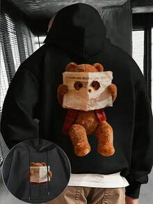 Men's Casual Newspaper & Bear Element Loose Fit Kangaroo Pocket Fleece Hoodie, Street Style For Autumn/Winter - Black - View 1