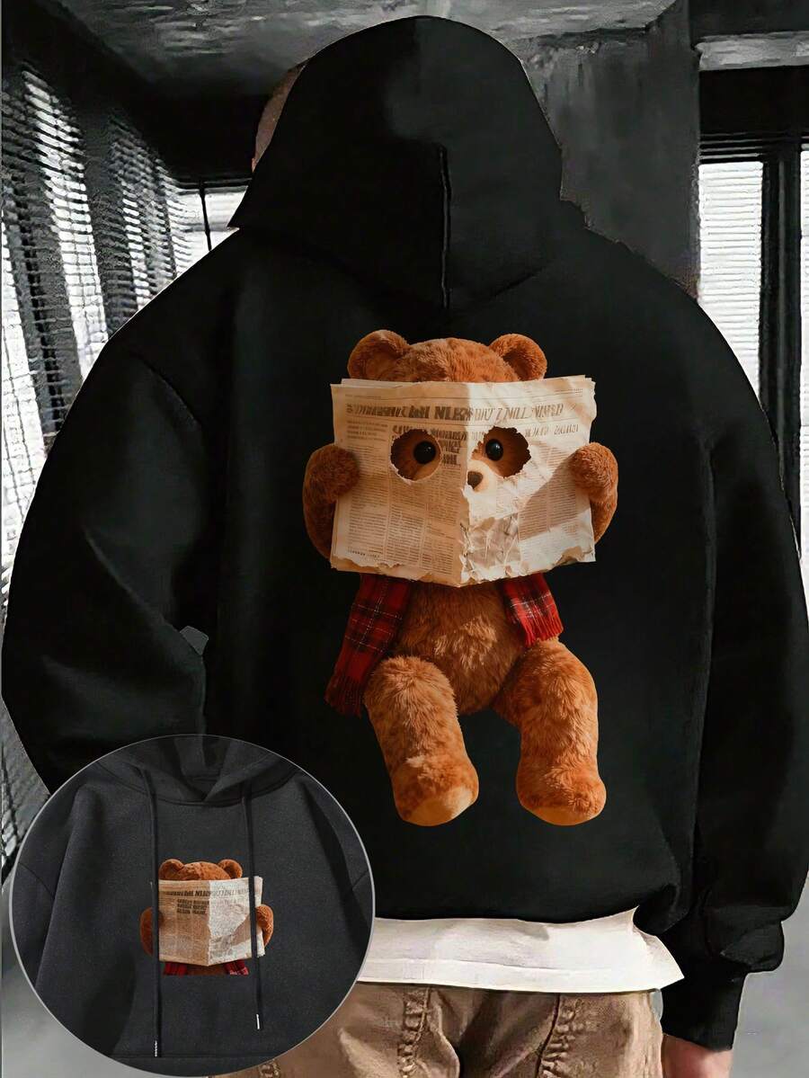 Men's Casual Newspaper & Bear Element Loose Fit Kangaroo Pocket Fleece Hoodie, Street Style For Autumn/Winter - Black - View 1