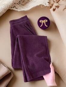 Women's Fashion Knit Straight Pants, Slightly Stretchy With Convenient Pockets - Purple - View 3