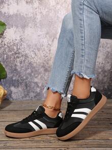 女士休闲百搭豹纹运动鞋，时尚吸睛舒适耐穿橡胶软底运动鞋，透气轻便拼接运动鞋 - 黑色 - 查看 2