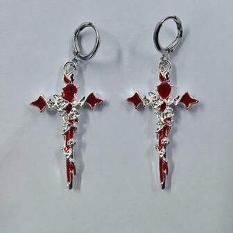 一对镶嵌红色水钻的荆棘十字耳环，女士款，暗黑复古高端耳环