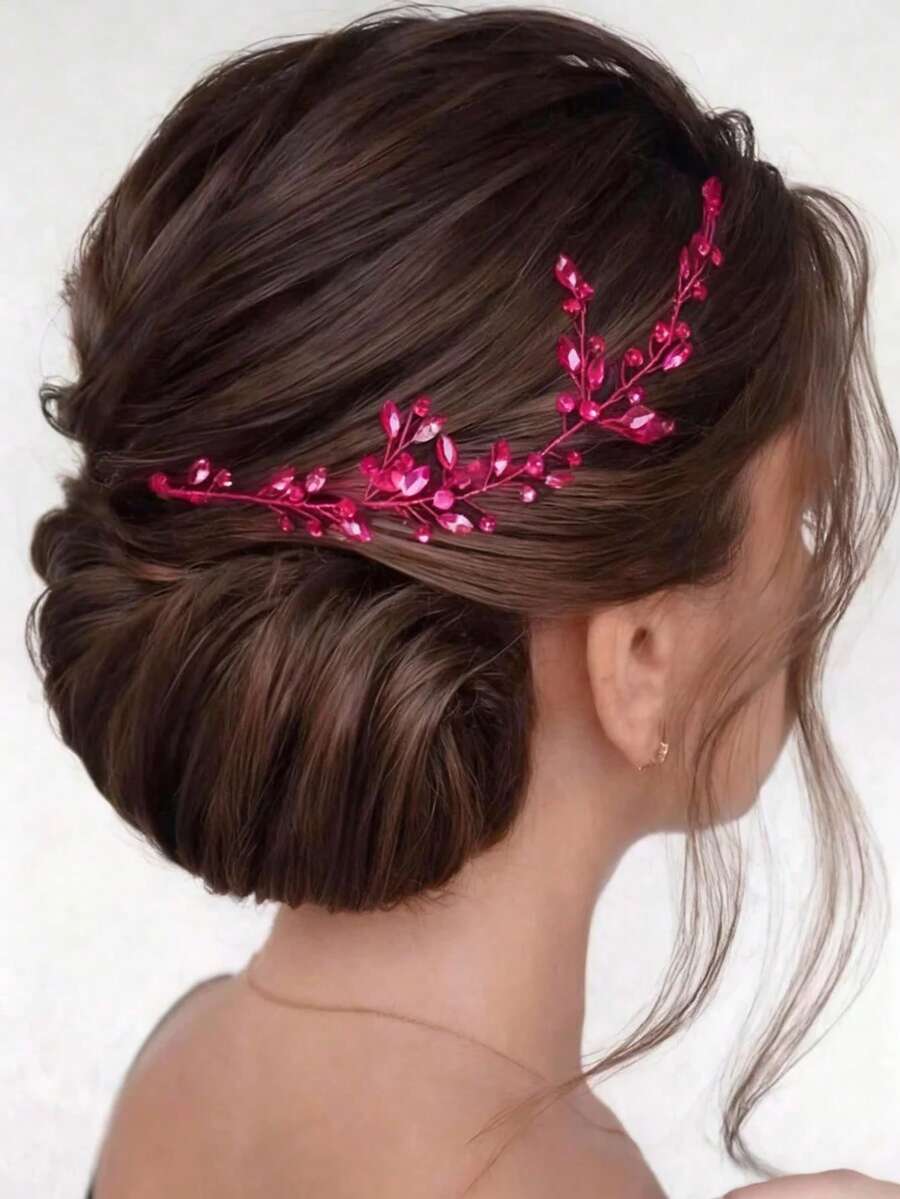 1pc Elegant Crystal Leaf Bridal Hair Accessory,Wedding Hair Accessories - Màu Hồng Tươi - Xem 1