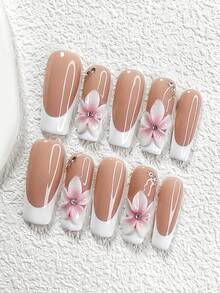 10Pcs/Set Pure White And Simple Girl Handmade Acrylic Nail Tips With French Designs,3D Pink Gradient Glamorous Floral Elements Manicure, Includes Nail Tools,3 Sizes Available,Almond Nails , Duck Nails,Coffin Nails For Party, Dance, Daily Wear. - Multicolor - View 11