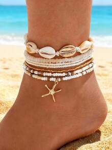 7pcs Boho Style Seed Bead, Shell, Starfish Decor Anklet Set For Women Girls, Beach Summer Vacation Party Wear Accessories