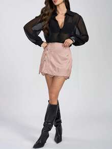 ChicMe Women's Side Slit Metal Button Decor PU Mini Skirt, Contrast Color Lace A-Line Skort Paired With Shorts, Casual Fashionable Street Party Outfit