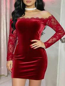 ChicMe Women's Lace Patchwork Off-Shoulder Long Sleeve Ruched Velvet Bodycon Mini Party Cocktail Dress For Holiday, Date - Red - View 3
