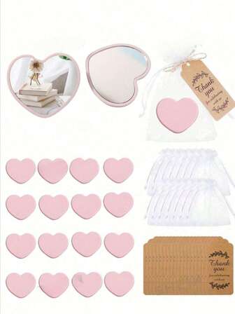 6/12/18pcs/Set Heart Design Plastic Compact Mirror, Bridal Favor Card With Organza Bag, Wedding Party Gifts For Bridesmaids, Guests