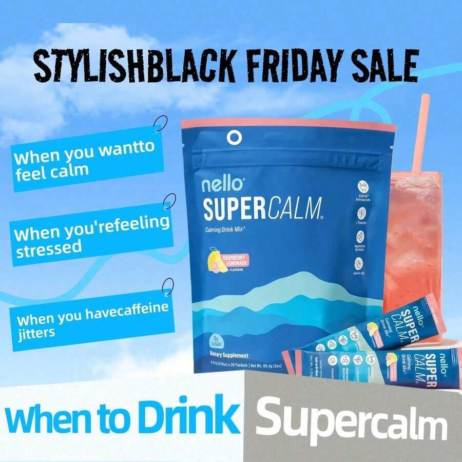 Nello Supercalm Calming Drink Mix With KSM-66 Ashwagandha Vitamin D3 Magnesium & L-Theanine Supports Cortisol Balance Mood Sleep 20 Servings Travel Packets Dietary Supplement - 1 包 - 查看 1