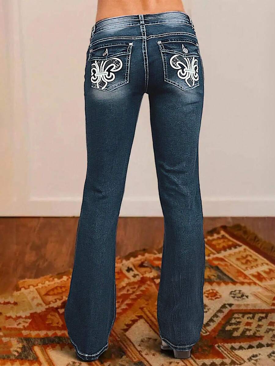 Women's Stretch Flared Jeans - Mid-Rise Double-Button Fly With Embroidered Pockets Bootcut Denim With Tummy-Smoothing & Butt-Lifting Design Curve-Hugging Flared Style For A Sexy Silhouette Essential Piece For Date Night - 中等水洗藍 - 查看 1