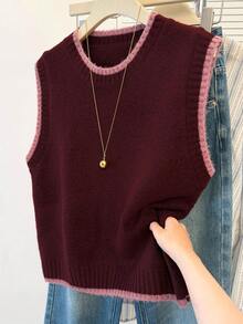 JIANHU Chaleco de punto con capas, look preppy de otoño para el Día de Acción de Gracias y Navidad - Burdeos - Ver 7