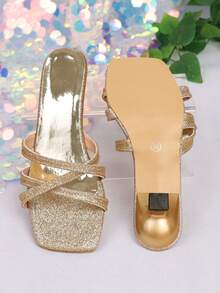 金色夏季新款方头透气露趾高跟凉鞋，百搭简约细高跟女鞋 - 金色 - 查看 6