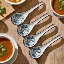 4/5件套亚洲陶瓷勺，长柄，易握，底部防滑，适用于日式拉面、中式和越南面条汤、意面等。