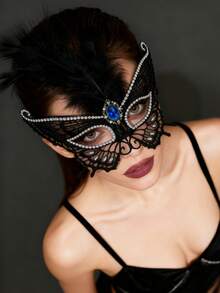 Máscara de encaje con rhinestones de lujo, máscara negra hueca con plumas artificiales, accesorio de nivel de reina para fiesta de mascarada veneciana, máscara de ojos romántica para pareja disfraz del Día de San Valentín - Negro - Ver 9