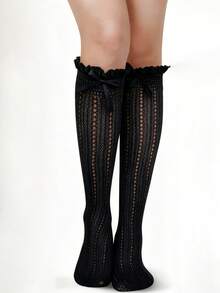 2pairWomen's Lace Knee High Socks, Girls' Pleated Knee High Socks, Black And White Mesh Fishing Net Stockings - 705 - View 6
