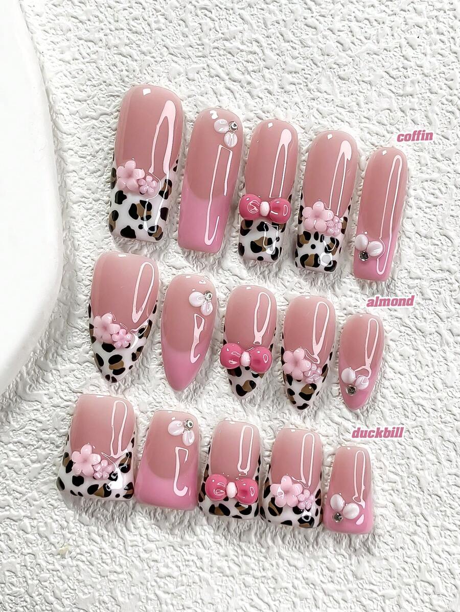 10Pcs Pink Gel Nail Set, Leopard Press-On Nails, Hand-Painted French Nail Stickers,3D Glamorous Floral Elements Fake Nails,Small Pink Five-Petal Flower Nail Charms,3 Sizes Available, Almond Nails, Duck Nails, Coffin Nails, Comes With Nail Tools(1 Sheets Jelly Stickers+1PC Nail File)Suitable For Party,Wedding,Fall Winter, Casual And Daily Wear Supplies Nails. - Nhiều màu - Xem 1