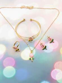 1 Set de joyería con colgante, pulsera, anillo y aretes con diseño de flor de gota de aceite, adecuado como regalo de vacaciones - Unitalla - Ver 4