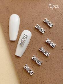 10pcs Mini 2026 New Year Faux Pearl Diamond Encrusted Gold & Silver Nail Art Decorations, New Year Metal Nail Accessories, Shiny Crystal Nail Gems, Suitable For Multi-Purpose DIY Nail Art Decoration
