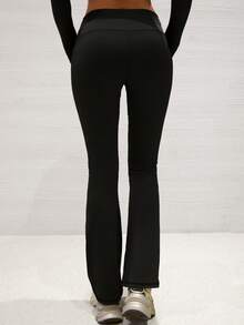 Pantalones deportivos de mujer con alta compresión y estiramiento, mallas acampanadas casuales para yoga y entrenamiento - Negro - Ver 3