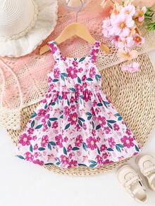 女婴无袖碎花连衣裙，配蝴蝶结，甜美可爱，适合度假和休闲穿着，也适合外出或日常穿着，春夏款。 - 玫紅色 - 查看 4