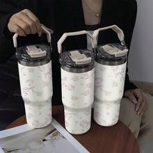1个900毫升紫粉色玫瑰蝴蝶结图案不锈钢水瓶，大容量冰茶杯带把手盖，便携式户外旅行杯，适合居家、办公使用，也是送给亲朋好友的圣诞礼物。 - 彩色 - 查看 10