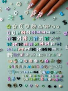 100件 3D樹脂美甲飾品：隨機組合包含玫瑰、桃花、裙子、蝴蝶結、蛇、冰淇淋、龍、愛心、亮片鏤空愛心、星星、兔子及各種動物造型，搭配水鑽與仿珍珠，適用於DIY美甲裝飾與手工藝品，適合春夏秋冬四季及Y2K美甲風格 - 彩色 - 查看 2