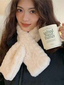 女士时尚柔软仿毛皮交叉围巾裹领羊毛加厚围巾头巾女孩百搭休闲秋冬保暖颈巾适合日常搭配