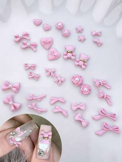 10个心形蝴蝶结星星熊仿珍珠粉色美甲饰品，可爱金属美甲配件，闪亮水钻美甲宝石，适用于多功能DIY美甲装饰