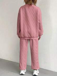 Ladies' Oversized Cable Knit Sweatsuit, 2-Piece Sweater & Pants Set, Soft Warm Autumn/Winter Outfit, Holiday Season Casual Loungewear, Various Chic Festive Colors To Choose - 粉色 - 查看 2
