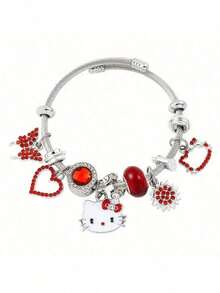 2 Sets [Bracelet + Necklace] Party Gift, Sanrio [Licensed] Cute Hello Kitty Pendant Necklace & Bracelet Set, Cartoon Animal Alloy Jewelry Decorated With Pink Stars, Bow, Heart-Shaped Keychain, Suitable For Daily Wear And Gift-Giving - Non-Electroplated - Multicolor - View 9