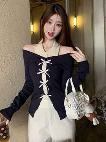 秋季不对称领修身针织上衣 - 藏蓝色 - 查看 4