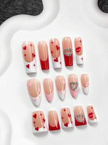 10片装红色和粉色情人节美甲贴纸，法式假指甲，手绘爱心，唇形美甲装饰，粉色和红色指甲油，闪亮水晶爱心美甲贴纸，三种尺寸可选：杏仁形、鸭子形、棺材形，包含美甲工具（1张果冻贴纸+1个指甲锉），适合情人节、通勤、派对美甲 - 彩色 - 查看 1