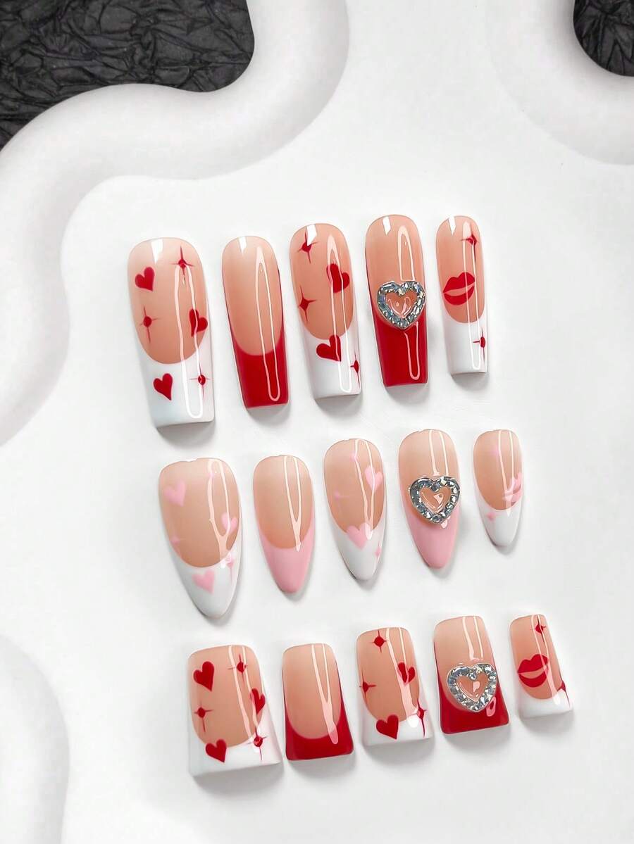 10片装红色和粉色情人节美甲贴纸，法式假指甲，手绘爱心，唇形美甲装饰，粉色和红色指甲油，闪亮水晶爱心美甲贴纸，三种尺寸可选：杏仁形、鸭子形、棺材形，包含美甲工具（1张果冻贴纸+1个指甲锉），适合情人节、通勤、派对美甲 - 彩色 - 查看 1