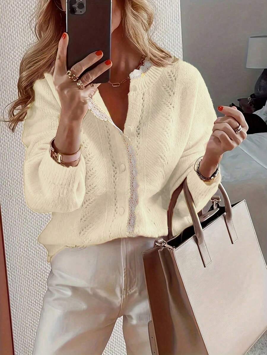 Delicate Style Short Cardigan Sweater Women, Lace Design Knitted Jacket - Light Yellow - View 1